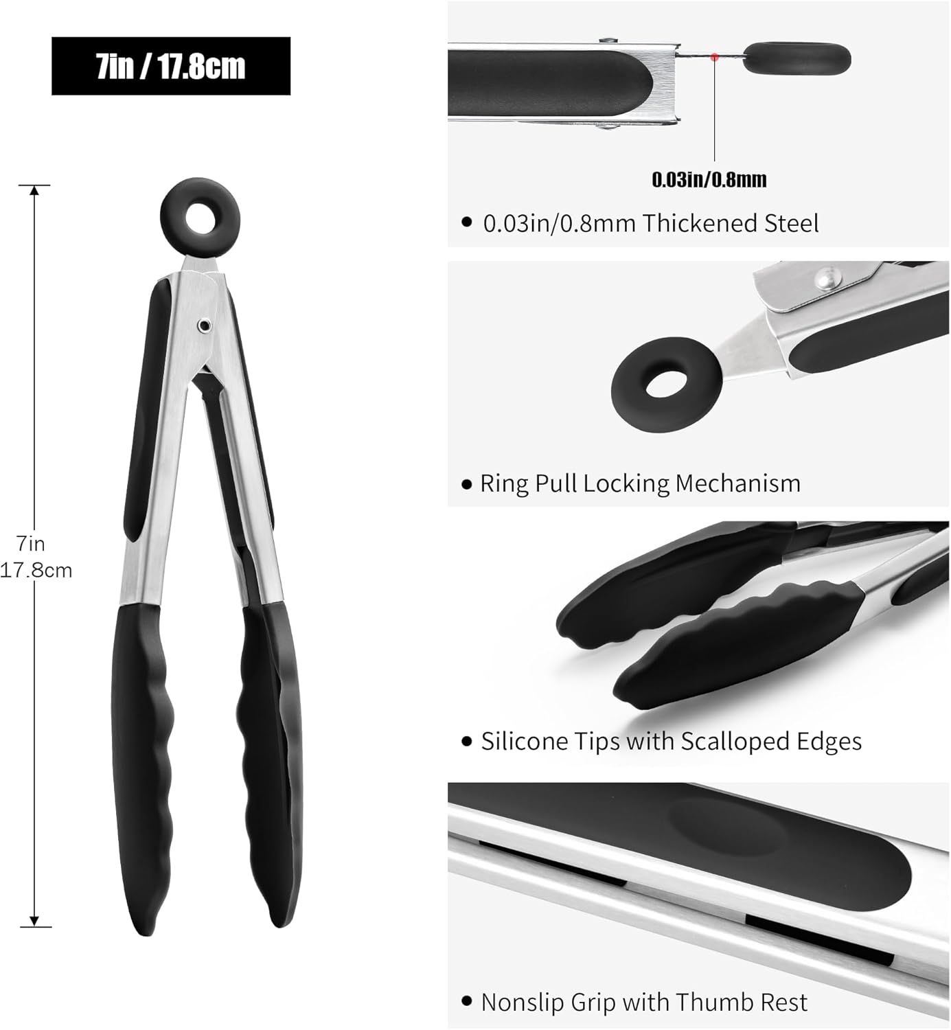 Doosu Kitchen Tongs for Cooking - 600°F Heat Resistant Food Tong Set with Non-Scratch Silicone Tips, Heavy Duty Stainless Steel Locking Tong for BBQ, Grilling Steak, Serving (7+9+12in, Navy Blue)
