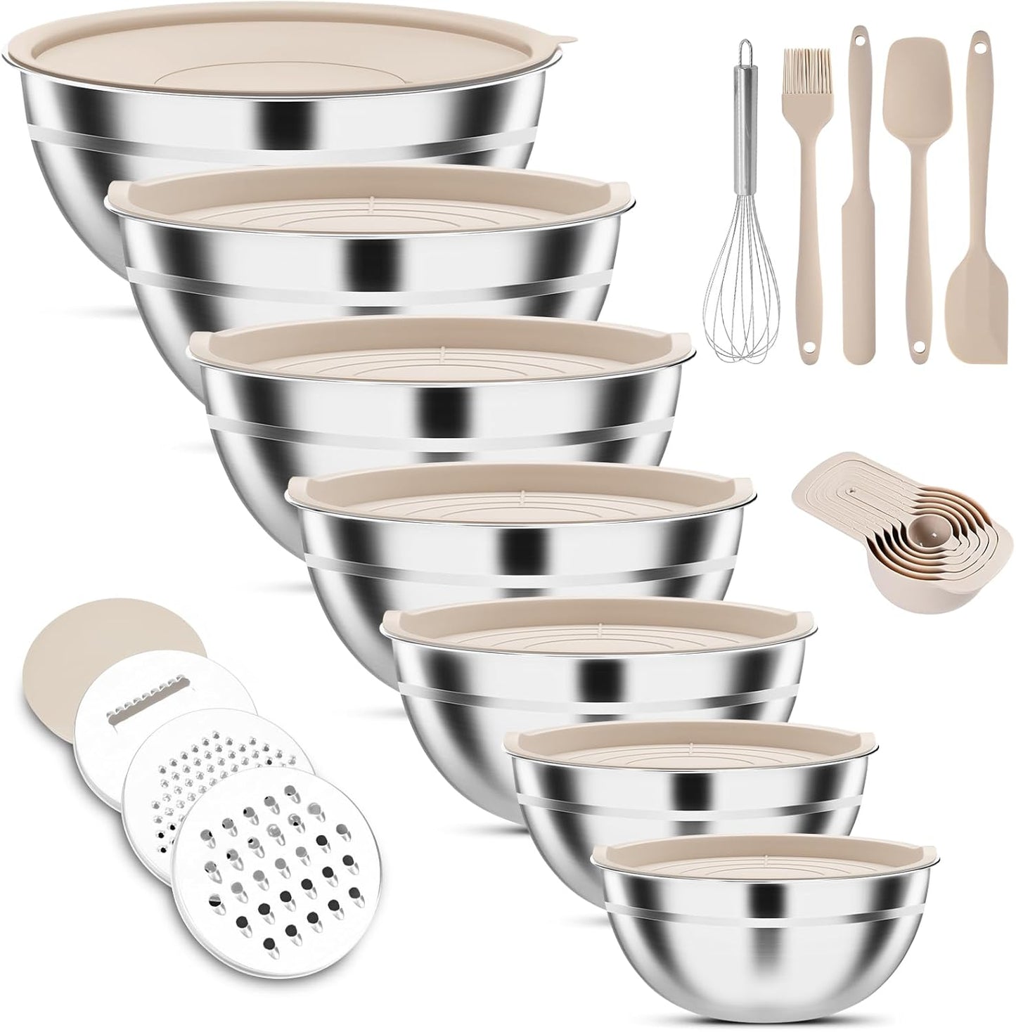 ENVTEK Mixing Bowls with Lids Set, 7 PCS Stainless Steel Mixing Bowls with 3 Grater Attachments, Size 4.5, 4, 3.5, 2.1, 1.5, 1.1, 0.7QT, Ideal for Kitchen Cooking Baking & Serving