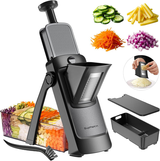 SupMaKin Upgrade Safe Mandoline Slicer,Multi Vegetable Chopper,Potato Slicer, Onion Chopper with Drain Basket Storage Container, Cheese Grater Kitchen Chopping Artifact (Black)