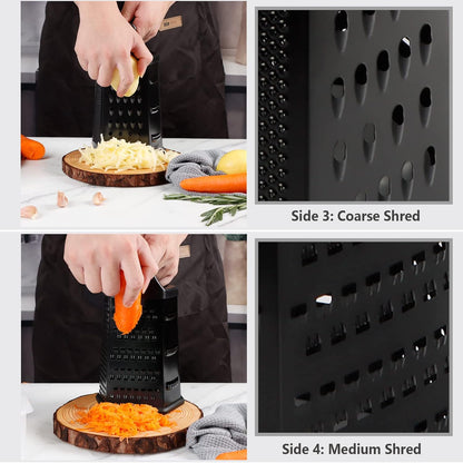 Box Grater, Cheese Grater Shredder Stainless Steel with 6 Sides, Best for Parmesan Cheese, Vegetables, Potatoes, Carrot, Ginger, Mandoline Vegetable Slicer with Detachable Container, Silver