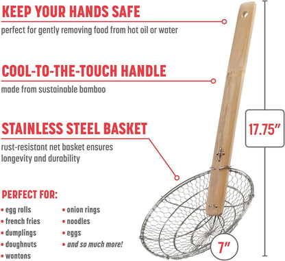 Joyce Chen Kitchen Spider Strainer Stainless Steel 5-Inch Wire Basket with Heat-Resistant Bamboo Handle