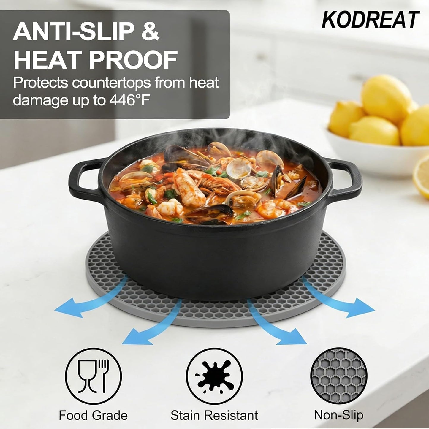 4 Pack Silicone Trivets for Hot Dishes, Heat-Resistant Non-Slip Hot Pads for Kitchen Countertops and Tables, Food-Grade Thick Silicone Mats (Black)