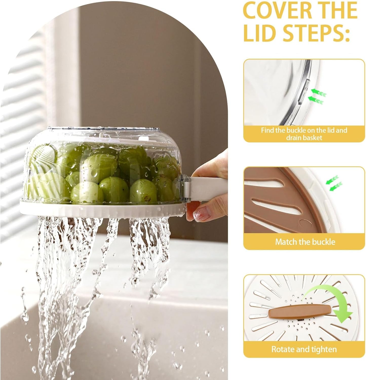 Fruit Washer Strainer Bowl with Foldable Handle, 2 in 1 Fruit Washing Bowl with Strainer with 15 Pcs Food Storage Bags, Fruit Colander Storage Container for Kitchen Fridge Picnic, Brown