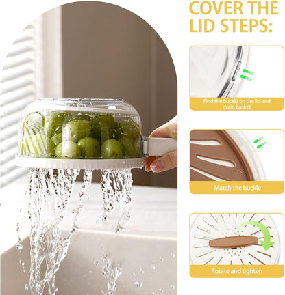 Fruit Washer Strainer Bowl with Foldable Handle, 2 in 1 Fruit Washing Bowl with Strainer with 15 Pcs Food Storage Bags, Fruit Colander Storage Container for Kitchen Fridge Picnic, Brown