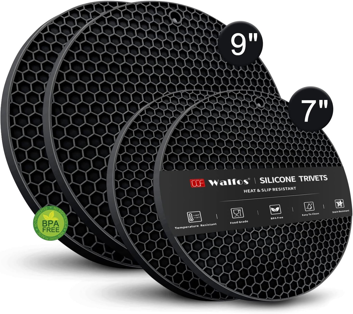 Walfos Silicone Trivet Mats - 4 Heat Resistant Pot Holders, Multipurpose Non-Slip Hot Pads for Kitchen Potholders, Hot Dishers, Jar Opener, Spoon Holder, Food Grade Silicone & BPA Free (Black)