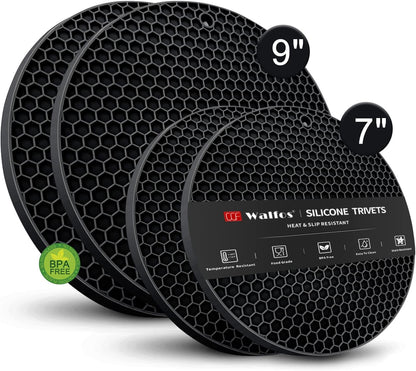 Walfos Silicone Trivet Mats - 4 Heat Resistant Pot Holders, Multipurpose Non-Slip Hot Pads for Kitchen Potholders, Hot Dishers, Jar Opener, Spoon Holder, Food Grade Silicone & BPA Free (Black)