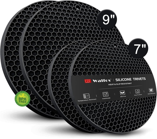 Walfos Silicone Trivet Mats - 4 Heat Resistant Pot Holders, Multipurpose Non-Slip Hot Pads for Kitchen Potholders, Hot Dishers, Jar Opener, Spoon Holder, Food Grade Silicone & BPA Free (Black)