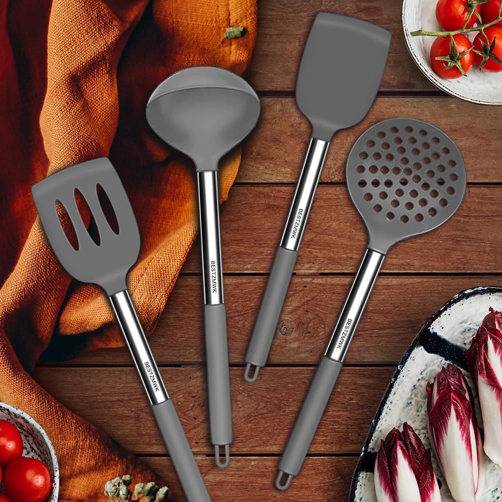 Kitchen Utensils Set-Silicone Cooking Utensils-32 pcs Non-Stick Silicone Cooking Kitchen Utensils Spatula Set with Holder-Best Kitchen Cookware with Stainless Steel Handle (Black)
