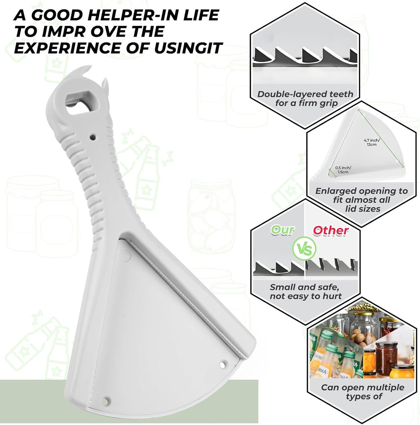 Jar Opener for Weak Hands, Ergonomic Bottle Opener Grip with Limited Hand Strength, Multi-Function Kitchen Gadget for 0.5-5.1 Inch Lids, Gray
