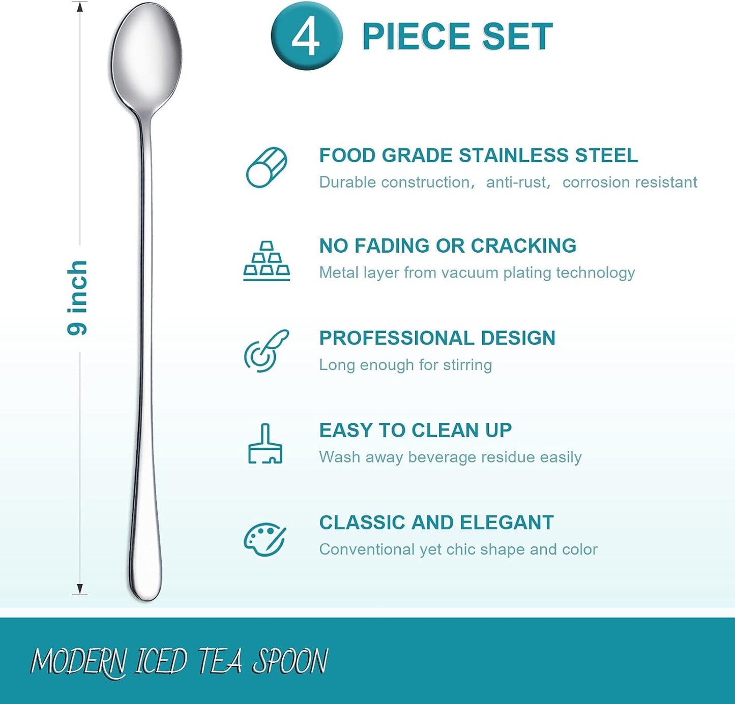 Hiware 9-Inch Long Handle Iced Tea Spoon, Coffee Spoon, Ice Cream Spoons, Stainless Steel Cocktail Stirring Spoons, Set of 4
