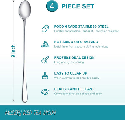 Hiware 9-Inch Long Handle Iced Tea Spoon, Coffee Spoon, Ice Cream Spoons, Stainless Steel Cocktail Stirring Spoons, Set of 4