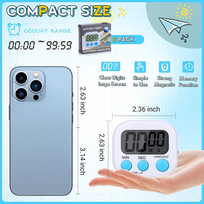 Mwellewm Kitchen Timer 6 Packs Digital Timers for Classroom Small Magnetic Countdown Stopwatch for Cooking Mini Loud Alarm Stop for Kitchen Study Work Baking Sports Games Timer Clock