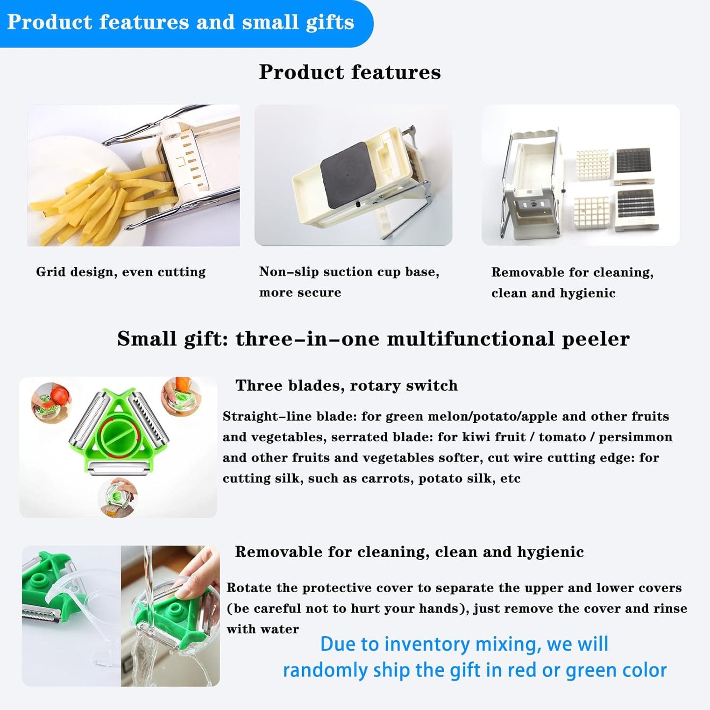 French Fry Cutter, Potato Slicer French Fries with 2 Different Sizes Stainless Steel Blades and No-Slip Suction Base for Potatoes Carrots Cucumbers