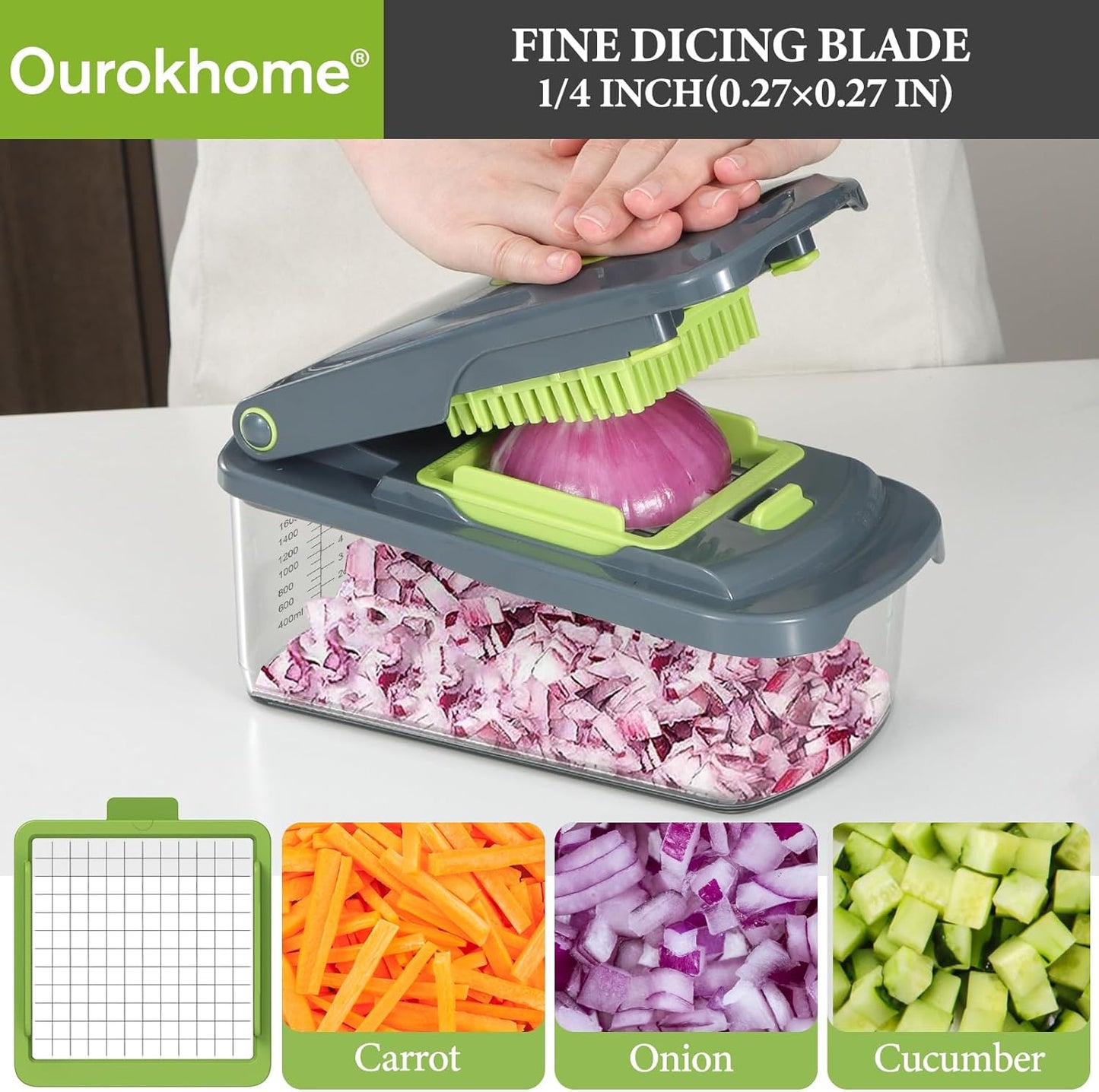 Ourokhome Veggie Chopper and Dicer with Container, Manual Hand Food Mandolin Slicer with 4 in 1 Handheld Vegetable Spiralizer for Zucchini, Potato, Onion, Essential Kitchen Gadgets (12 in 1, Gray)