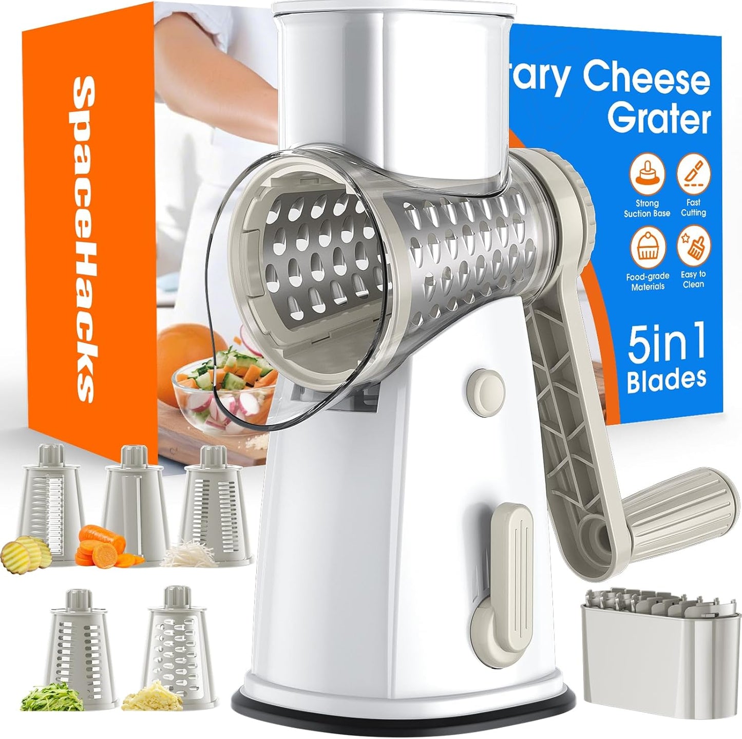 SpaceHacks Rotary Cheese Grater Hand Crank, with 5 Blades for Chopper Shredder Spiralizer Slicer for Vegetable Cheese Fruit, Food Chopper for Kitchen with Blades Storage Box & Suction Base (Black)