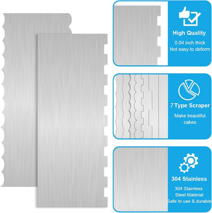 2 Pc 9 Inches Stainless Steel Cake Scraper Cake Decorating Tools Edge Side Jagged Wave Double Sided Patterned Comb Metal Cake Carving Smoothing Cream Pastry Baking(9 x 3.5 Inches)