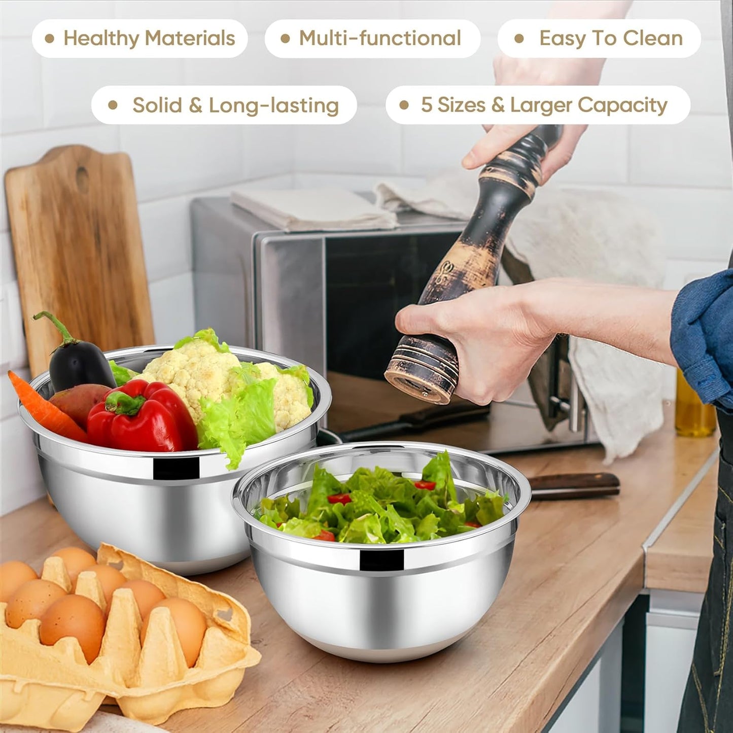 TeamFar Mixing Bowls with Lids Set, 7/3.5/2.5/1.5/1 QT, Stainless Steel Large Red Nesting Metal Salad Mixing Bowl Set of 5, Healthy & Easy Clean, Airtight Lid & Non-slip Bottom