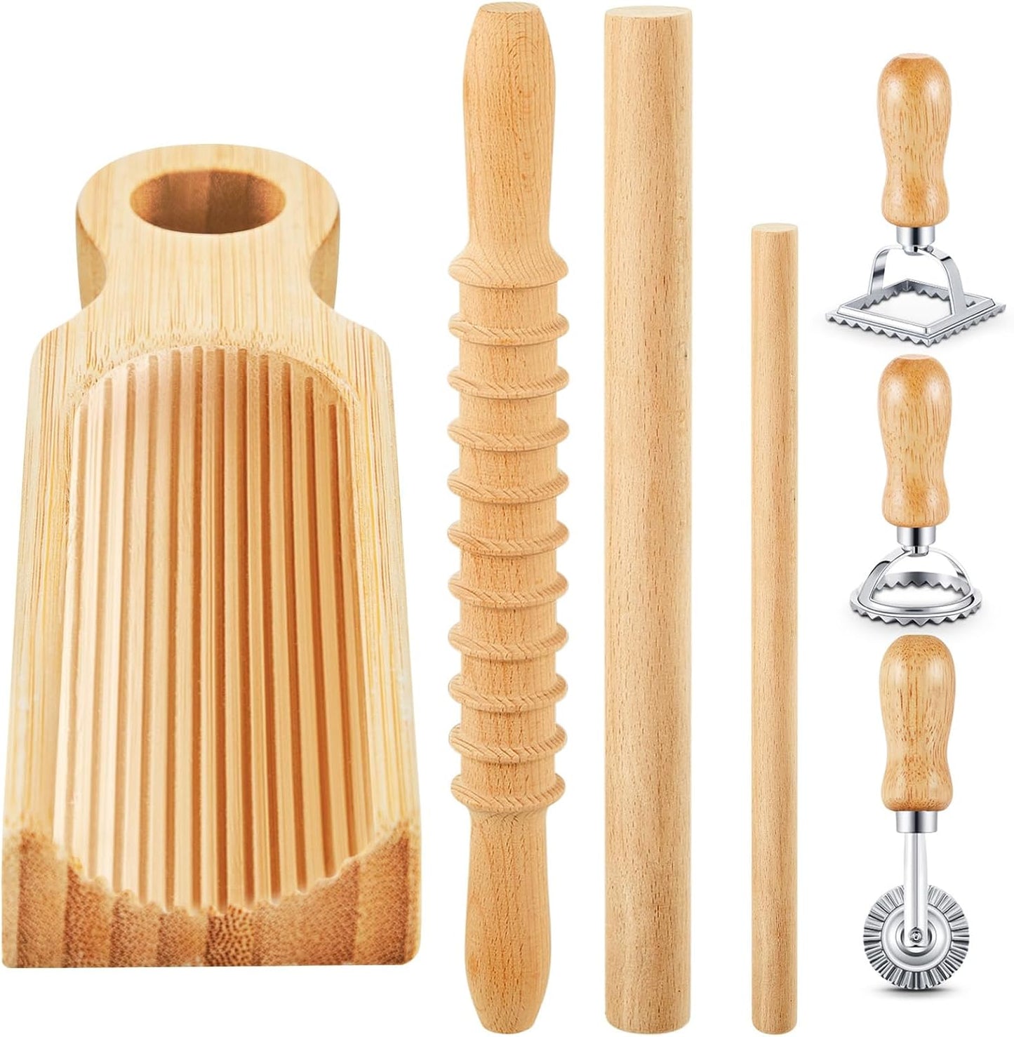 Tioncy 7 Pcs Pasta Making Tool Set Kitchen Gift, Wood Gnocchi Board with Ravioli Stamp Ravioli Maker Rolling Pin Gnocchi Garganelli Italian Pasta Tools for Beginners Home Cooks