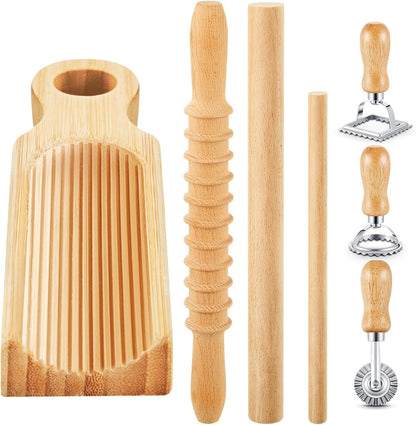Tioncy 7 Pcs Pasta Making Tool Set Kitchen Gift, Wood Gnocchi Board with Ravioli Stamp Ravioli Maker Rolling Pin Gnocchi Garganelli Italian Pasta Tools for Beginners Home Cooks