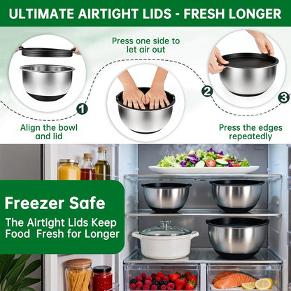Deedro Premium Mixing Bowls with Airtight Lids Set, 22Pcs Thicker Stainless Steel Mixing Bowl Set, Large Prep Metal Bowls, Non-Slip Silicone Base Nesting Bowls for Kitchen, 1.5/2/3/4/5 QT, Khaki