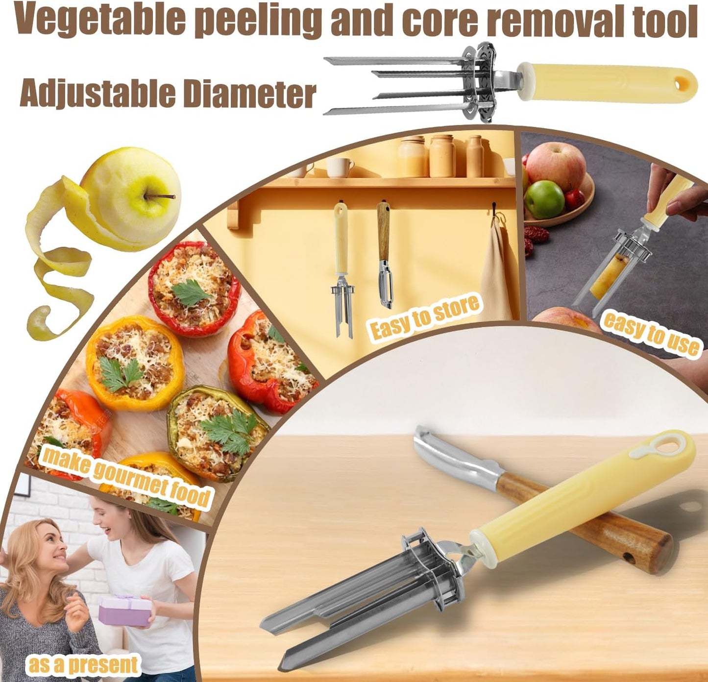 Apple Corer Tool And Peeler, Adjustable-Diameter Fruit And Vegetable Corer（Stainless Steel,2Pcs）