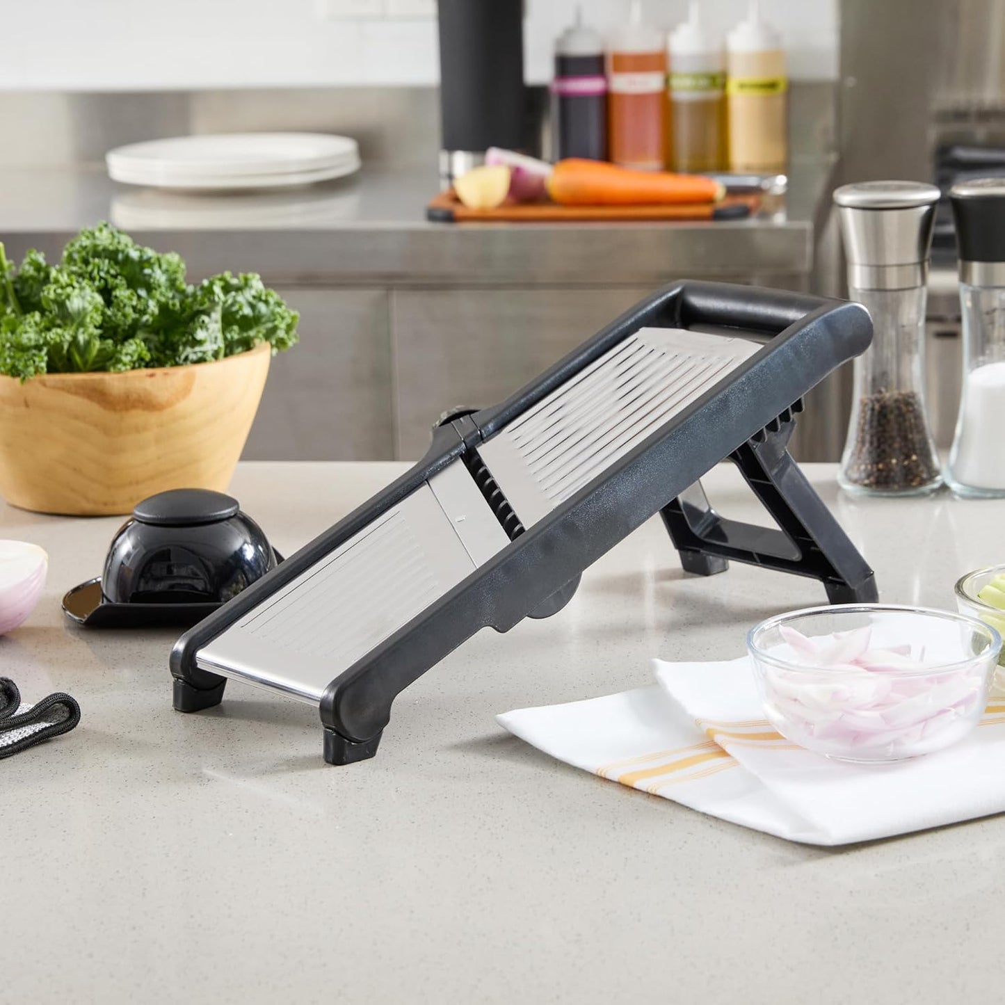 Restaurantware Stainless Steel Adjustable Mandoline Slicer - German Standard Vegetable Slicer with Blade Guard, Cut-Resistant Gloves, Cleaning Brush - Food Slicer for Potato, Onions, Cucumbers, Tomato