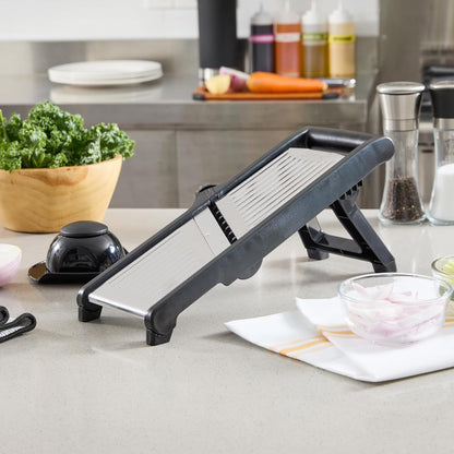 Restaurantware Stainless Steel Adjustable Mandoline Slicer - German Standard Vegetable Slicer with Blade Guard, Cut-Resistant Gloves, Cleaning Brush - Food Slicer for Potato, Onions, Cucumbers, Tomato