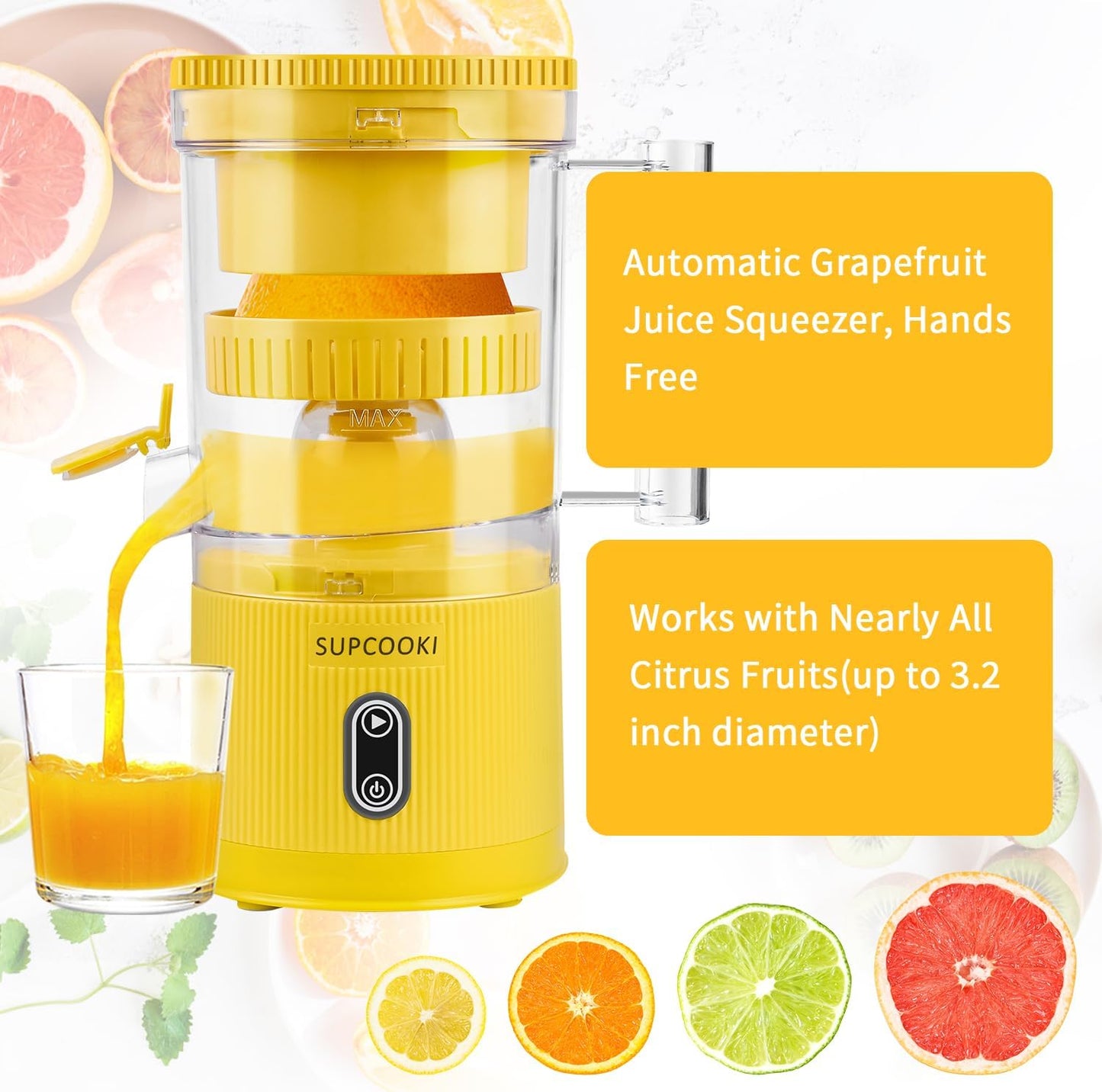 Electric Citrus Juicer, Rechargeable Juicer Machine with USB Cable and Cleaning Brush, Touch Button, Automatic Orange Lime Lemon Grapefruit Squeezer, Easy to Clean Portable Juicer, White