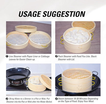 MacaRio Bamboo Steamer Basket Set 10 inch Steamer for Cooking, with Side Handles Chopsticks Ceramic Sauce Dishes Paper Liners, for Dim Sum Dumplings Buns Seafoods Rice Asian Foods