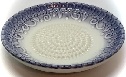 BonCera, All-in-one Premium Ceramic Garlic Grater Plate 4-Piece Set - Purple Embossed Design and Style - For Garlic, Ginger, Chocolate, and more! - Comes with 5.25" Plate, Peeler, Brush, and Stand