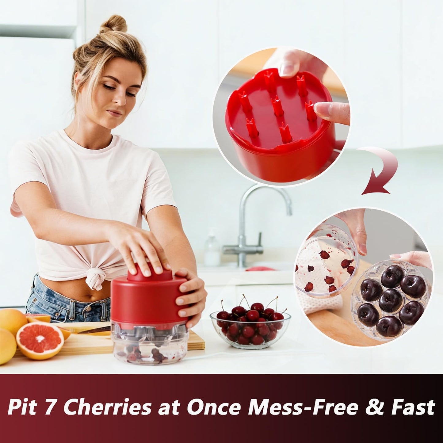7-IN-1 Large Cherry Pitter Tool - Portable Cherry Corer Pitter With Ergonomic Push Design - Easy to Use for Making Cherry Jam - Pit 7 Cherries at Once, Saving Time & Effort - Red
