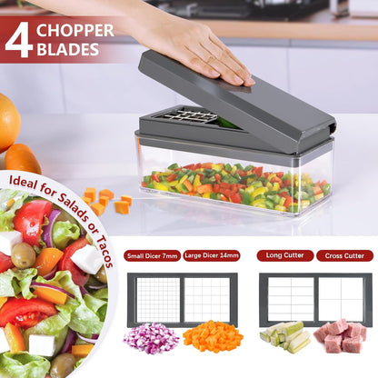 Vegetable Chopper, Onion Chopper Dicer, Mandoline Slicer, Food Chopper with Container, Vegetable Cutter for Salad Potato Carrot Garlic（2 Blades, Black）