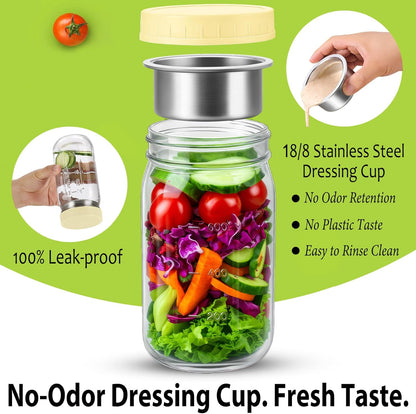 KTKUDY 4 Pack 32 oz Glass Salad Jars with Dressing Cups (Pod) - Meal Prep Salad Container for Lunch - Leakproof Mason Jars with Lids