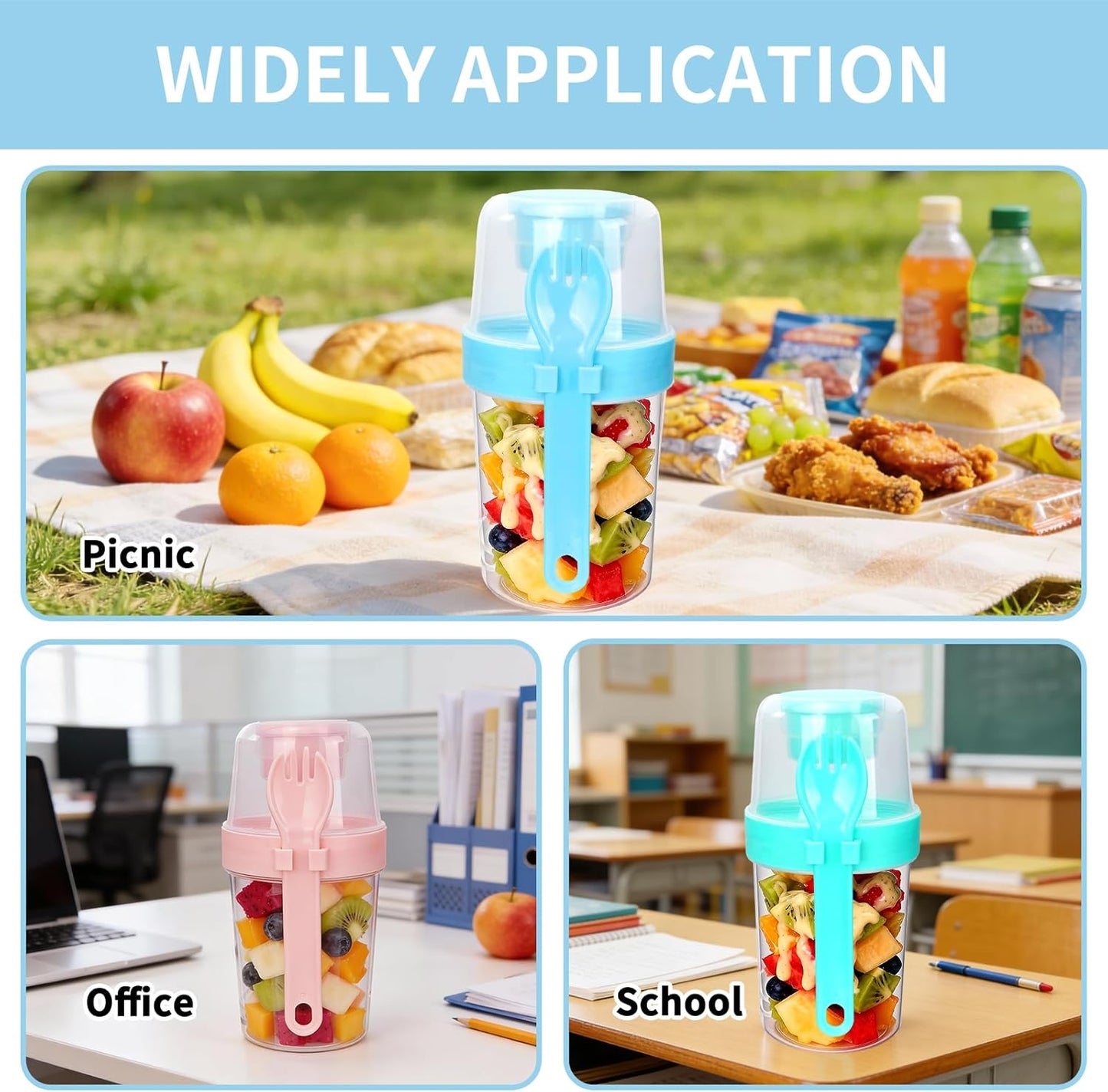 WRENYZK 4 Pcs Salad Shakers with Fork, Salad Cup To Go, Breakfast On The Go Cups, Health Container with Washing Brush, Salad Pods for Lunch, Separate Compartments, Leakproof Design