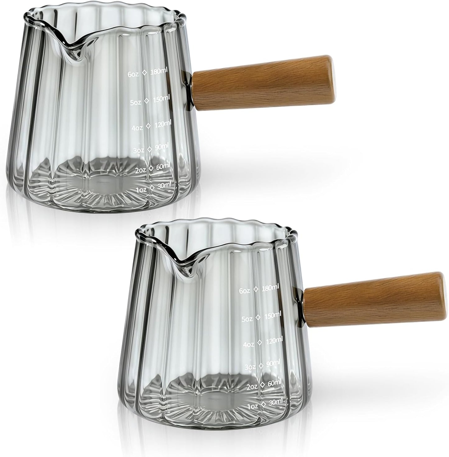 2 Pack Espresso Measuring Cup, 6oz Borosilicate Glass Espresso Cups with Wood Handle, V-Shaped Spout Milk Frothing Cup for Coffee, Tea, Syrup – Dishwasher Safe