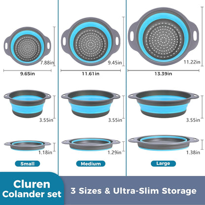 Collapsible Colander Set with Oversized Draining Tray | 3-Pack Foldable Kitchen Strainers + Base | Space Saving for Pasta, Veggies, Fruit & Rice | 5 Colors (Gray-White)