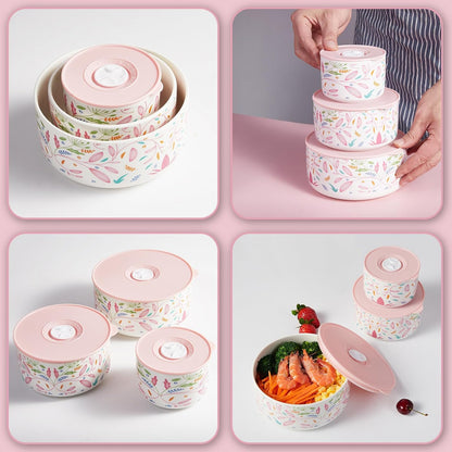 Ceramic Bowls with Lids, 4, 5, 6 Inch Ceramic Nesting Bowls Set for Soup, Salad, Cereal, Serving or Gift, Ceramic Food Storage Container, Microwave & Dishwasher Safe