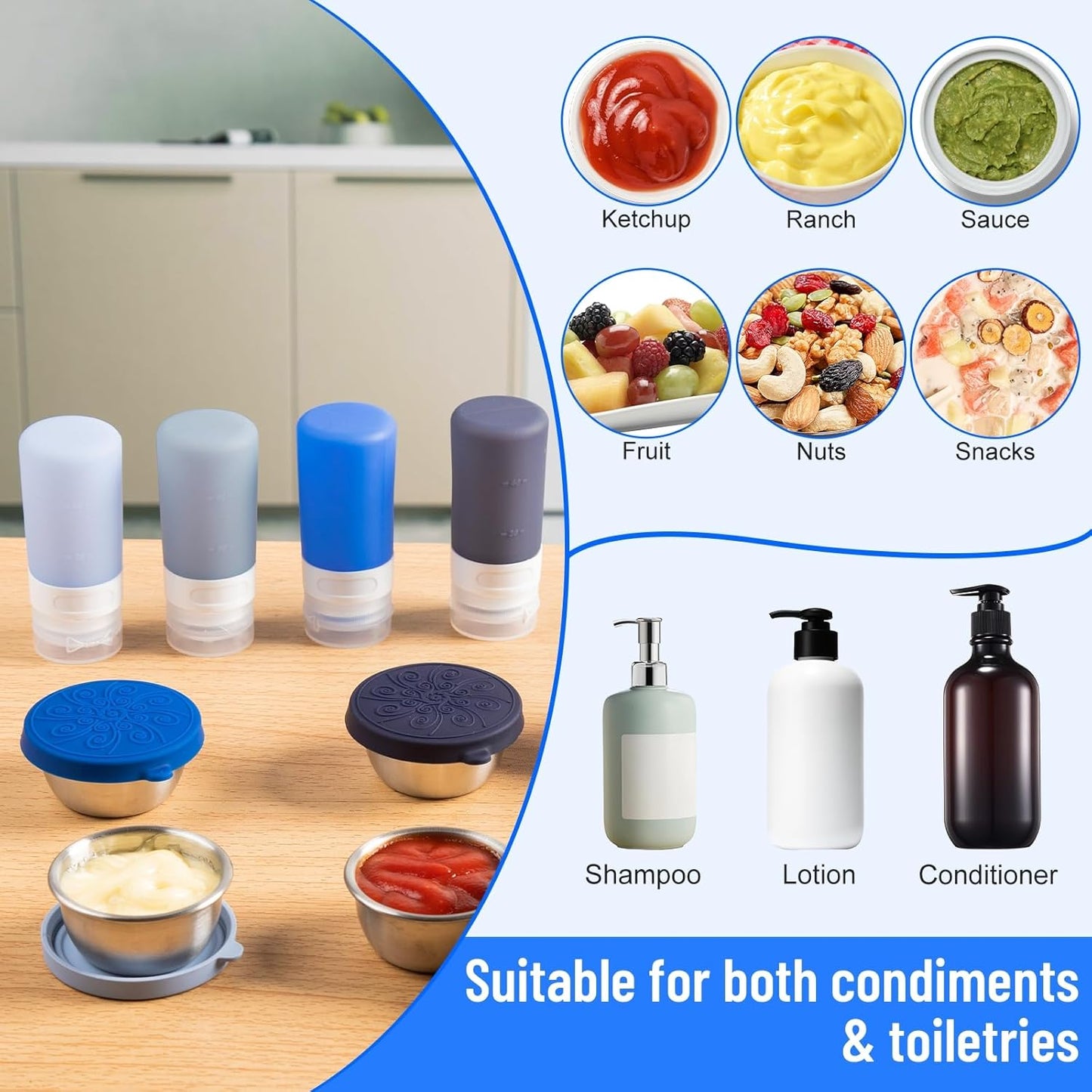 MICEBAY 8-Pack Salad Dressing Container To Go, 2-oz Silicone Small Condiment Squeeze Bottles and 1.6 oz Stainless Steel Sauce Containers Cups, Leakproof Condiment Containers with Lids for Lunch Box