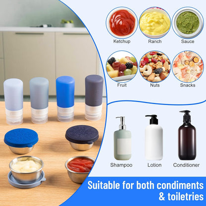 MICEBAY 8-Pack Salad Dressing Container To Go, 2-oz Silicone Small Condiment Squeeze Bottles and 1.6 oz Stainless Steel Sauce Containers Cups, Leakproof Condiment Containers with Lids for Lunch Box