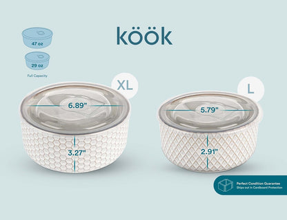 KooK Serving Bowls, with Lids, Ceramic Nesting Bowls, Set of 4, Embossed, Kitchen, Prep, Stackable, Gift, Microwave and Dishwasher Safe, 16/29/47/70 oz, Narbonne Collection (Ivory)