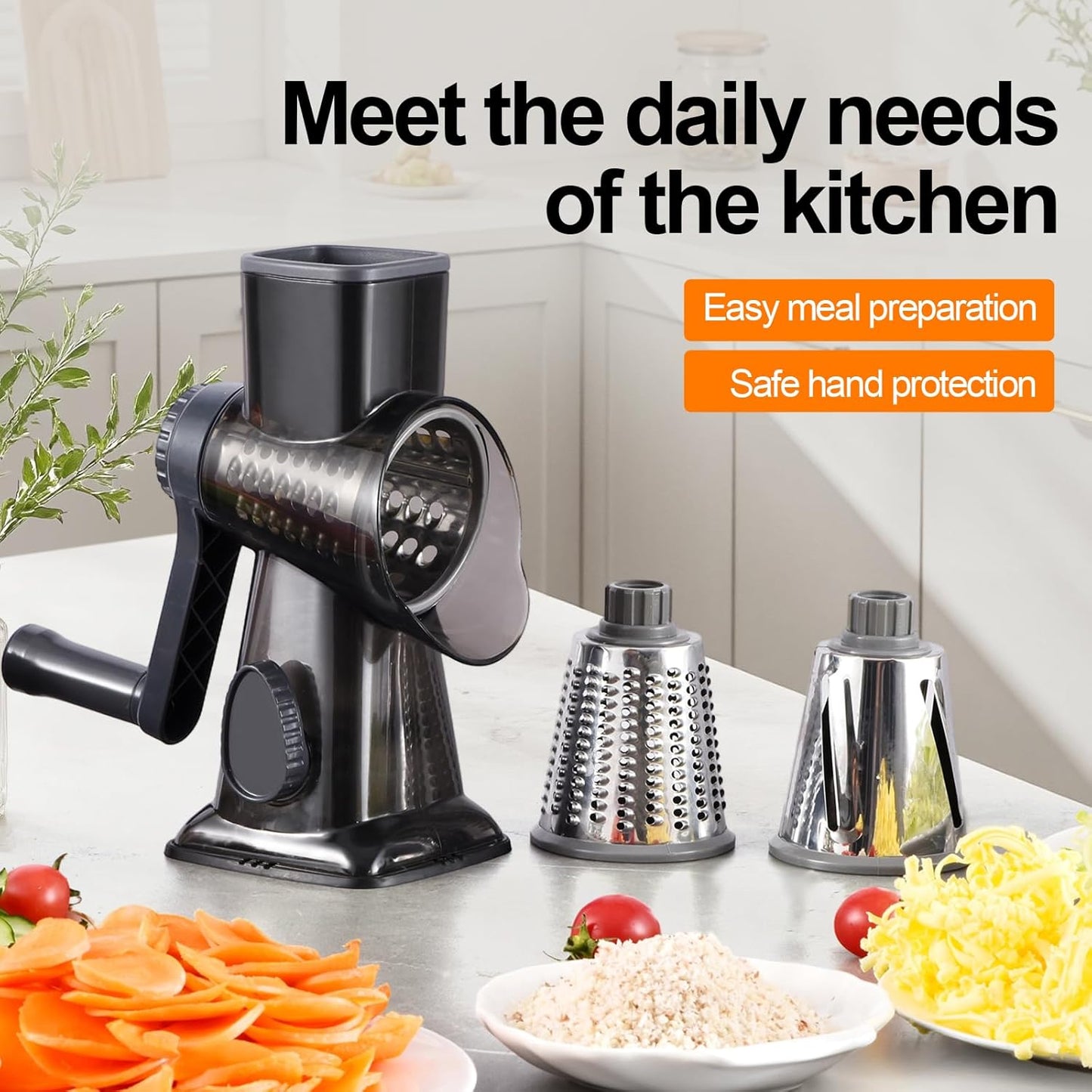 Rotary Cheese Grater Hand Crank with Suction Base, 3-in-1 Cheese Shredder for Cheese, Vegetables & Nuts, Easy to Clean (black)