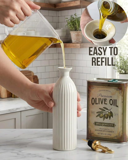 17 oz Ceramic Olive Oil Bottle Dispenser for kitchen with Stainless Automatic Spout, Stoneware 500ml Oil, Vinegar, Soy Sauce, Coffee Syrup, and Liquids container - Deep Gray-Blue