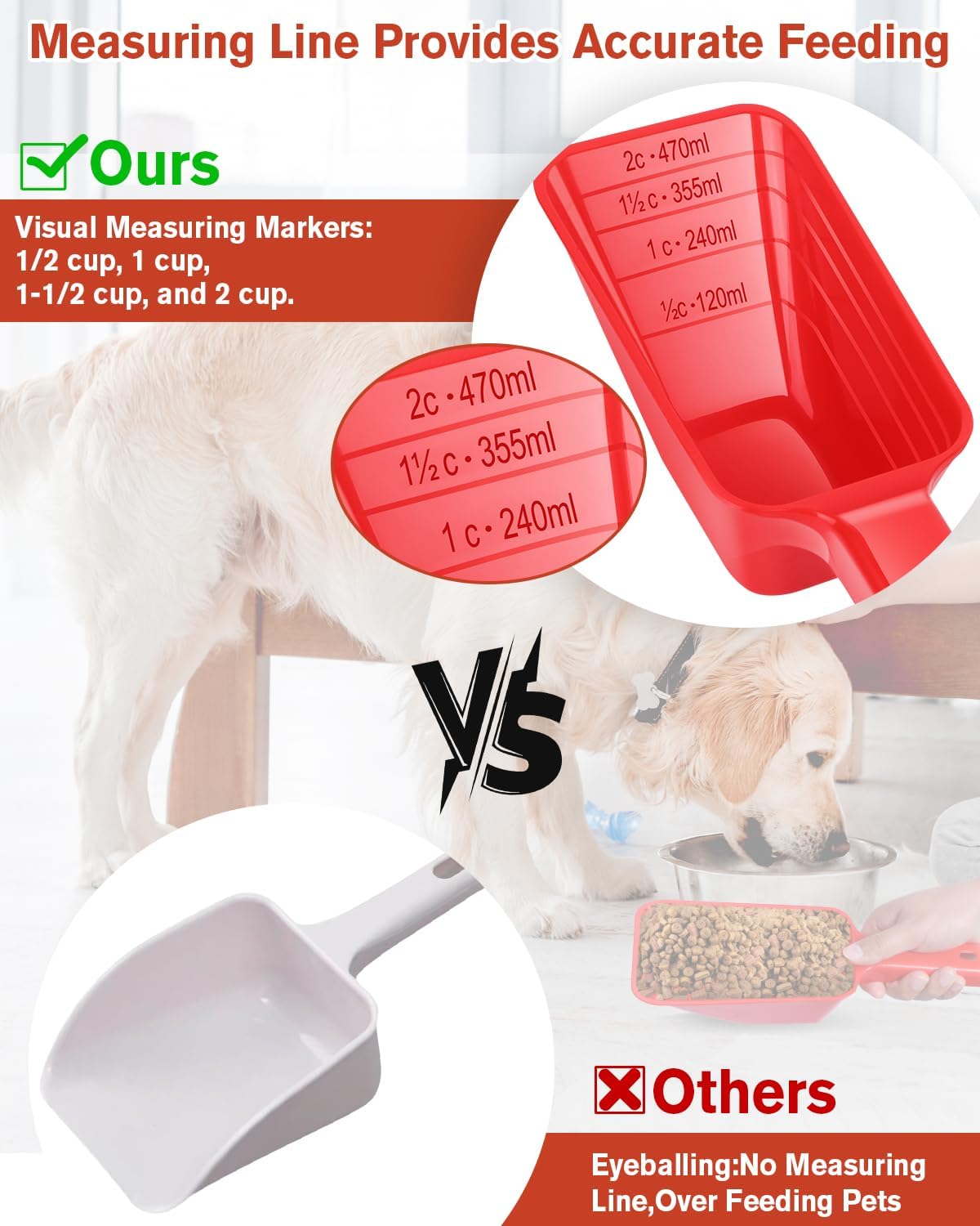 2 Cup Dog Food Scoop(2 Pack), Plastic Pet Food Scoop with Measuring Lines for Accurate Pet Food Portions,Dishwasher Safe (Grey and Pink)