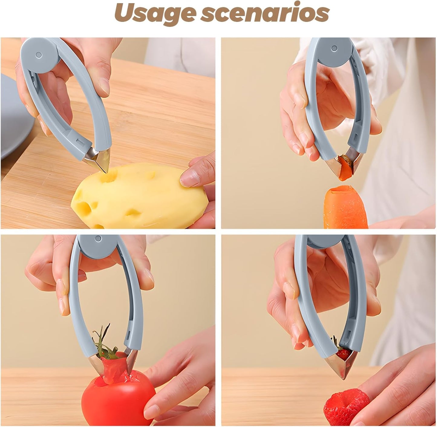 1 Pack Stainless Steel Fruit and Vegetable Huller and Corer, Stem Remover and Peeler Clip Tool for Strawberry, Tomato, Potato, Carrot, Pineapple, Portable Kitchen Gadget, Blue