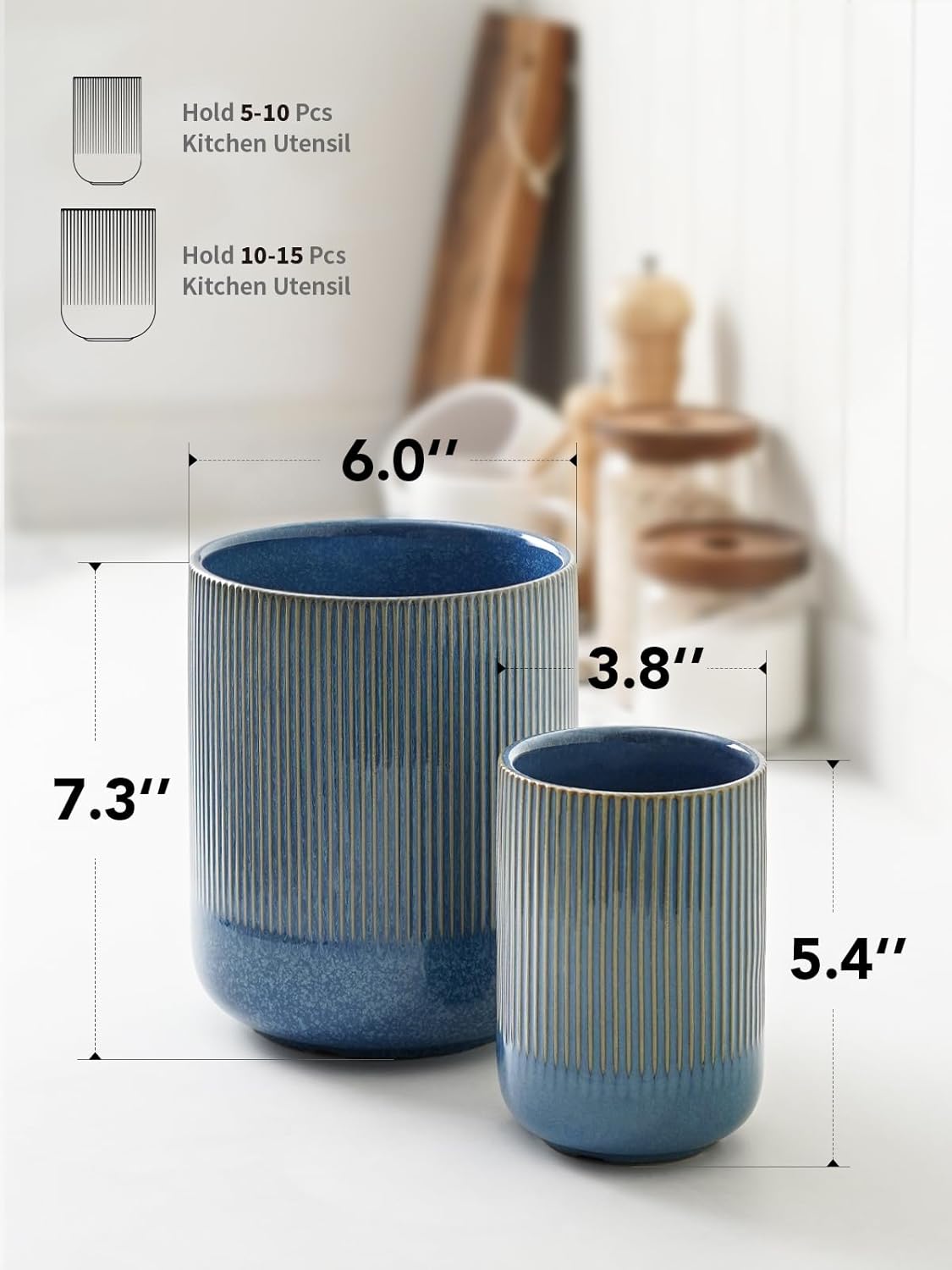 LE TAUCI Utensil Holder for Kitchen Counter, 7.3"+5.4" Fluted Ceramic Utensil Crock Organizer for Countertop, Heavy Large Holder for Spatulas, Spoons, Set of 2, White, Kitchen Counter Decor