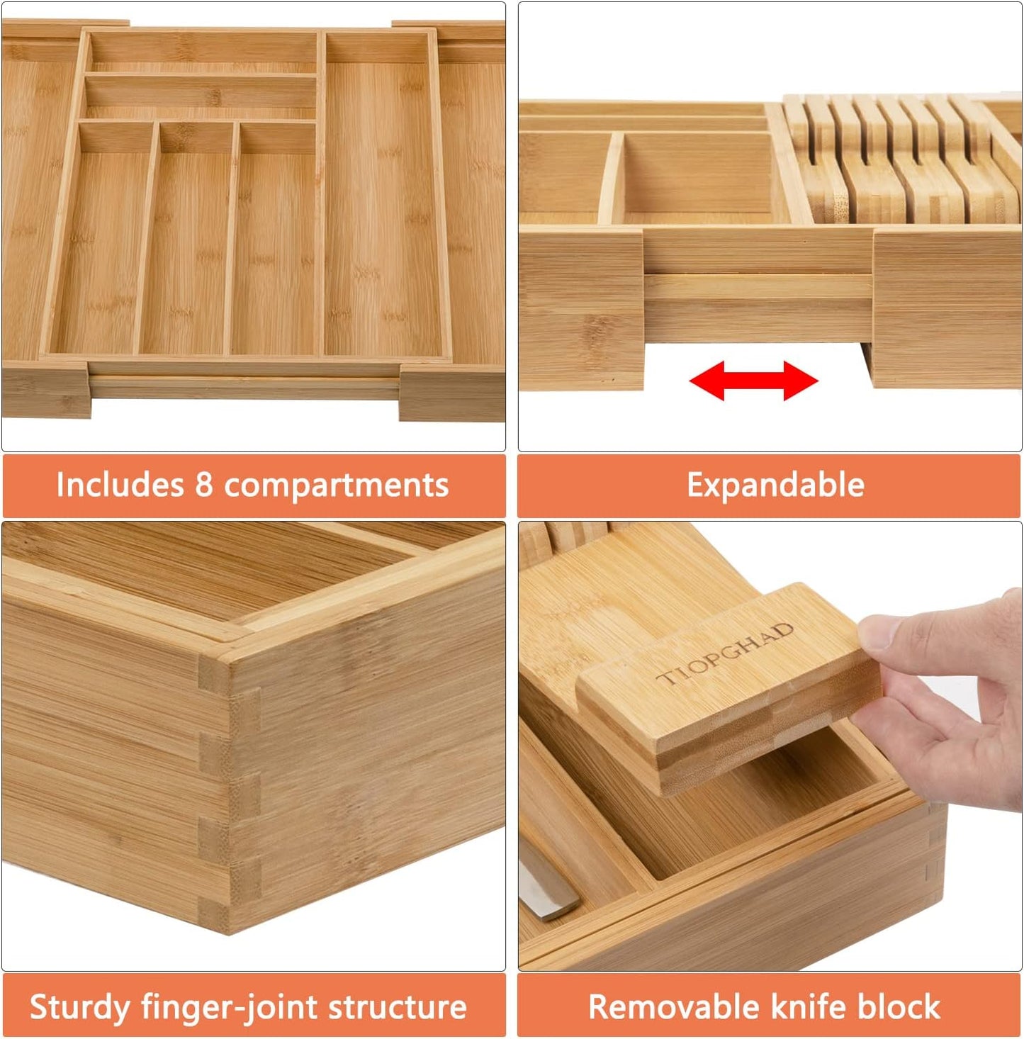 TIOPGHAD Small-Bamboo-Silverware-Drawer-Organizer, Expandable Utensil Kitchen Cutlery Tray Flatware Organization Adjustable Wood Tableware Dividers Storage (with Removable Knife Block)(Natural)