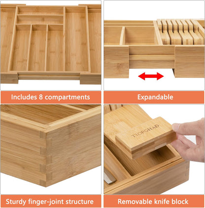 TIOPGHAD Small-Bamboo-Silverware-Drawer-Organizer, Expandable Utensil Kitchen Cutlery Tray Flatware Organization Adjustable Wood Tableware Dividers Storage (with Removable Knife Block)(Natural)