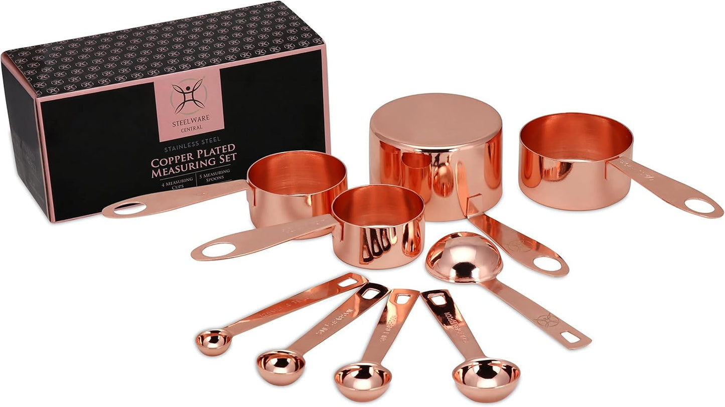 Copper Measuring Cups and Spoons Stainless Steel 9 pieces with 2 Rings