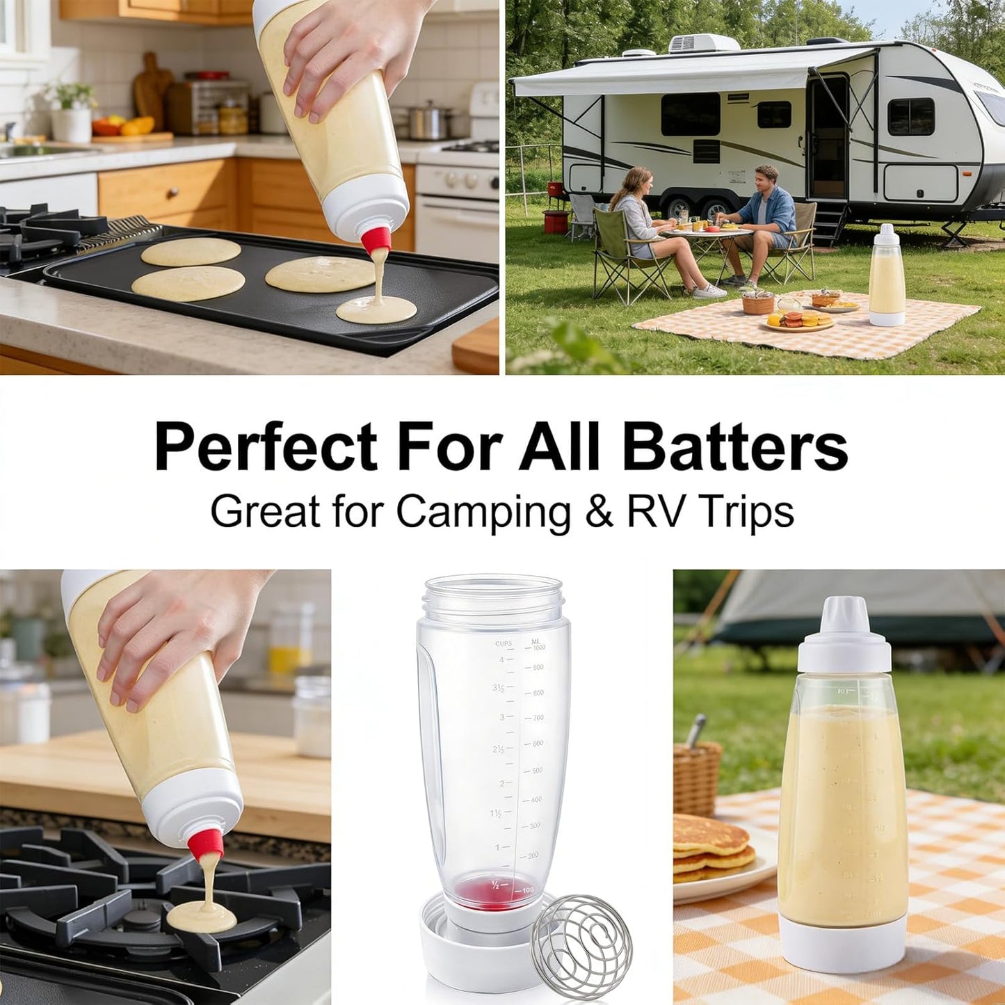 2 Pack Pancake Batter Dispenser & Mixer Bottle with Wire Whisk Ball - Squeeze Dispenser for Batter, Waffles, Cupcakes, Crepes - Heat Resistant Silicone Tip, BPA Free Baking Tool for Blackstone Griddle