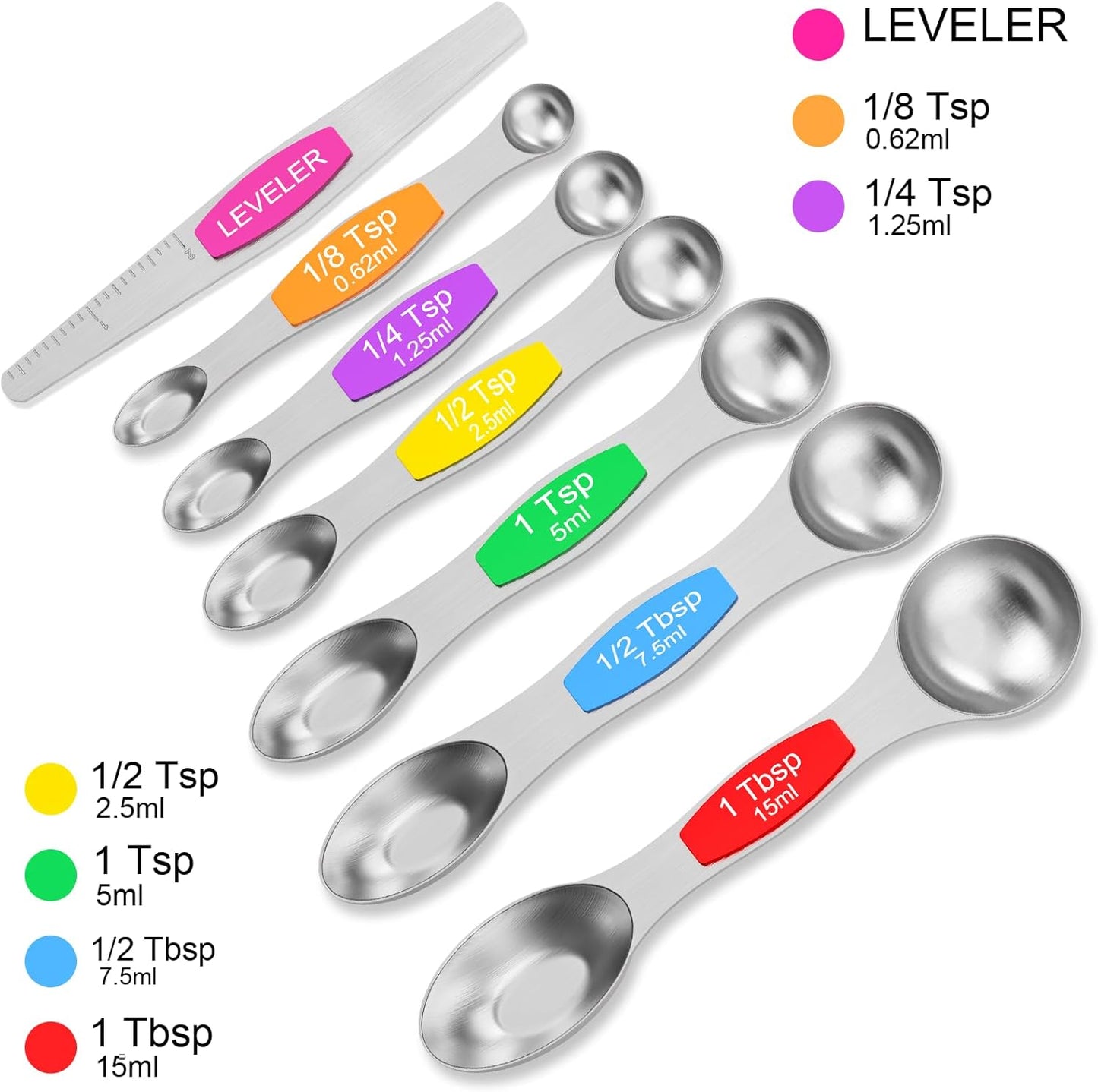 Wildone 14 Piece Stainless Steel measuring spoons Set, Including 8 Double Sided Magnetic, 1 Leveler and 5 Mini, for Dry and Liquid Ingredients, Fits in Spice Jar